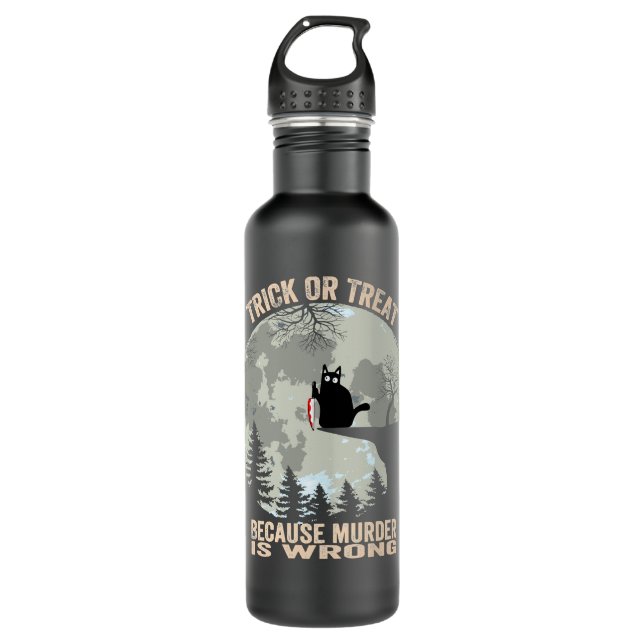 Black Cat Kitty Murderous Black Cat With Knife Hal Stainless Steel Water Bottle (Front)