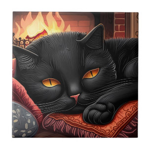 Black cat laying in front of a fireplace ceramic tile