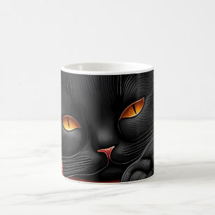 Black cat laying in front of a fireplace coffee mug