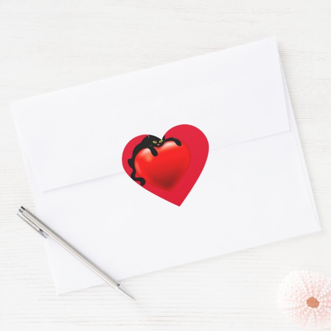 Black Cat Laying on Red Heart Envelope  Heart Sticker (Envelope)