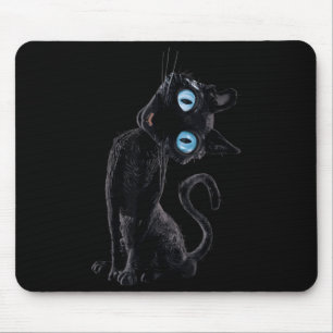 Black Cat Lazy Cute Meme Button Eyes Kitty Lovers Mouse Pad