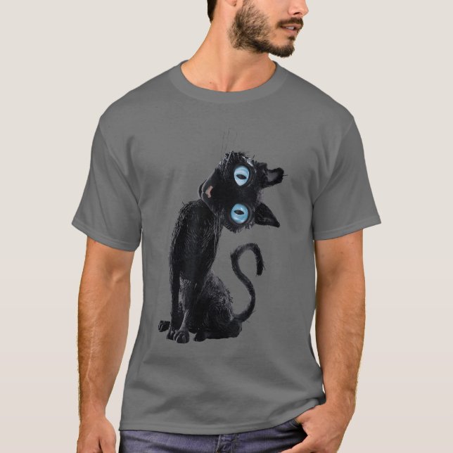 Black Cat Lazy Cute Meme Button Eyes Kitty Lovers T-Shirt (Front)