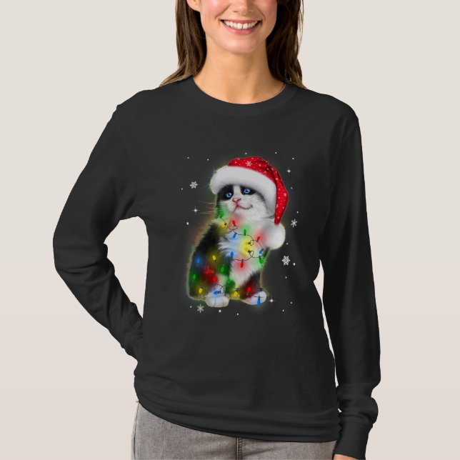 Black Cat Led Christmas Cute Cat Merry Xmas T-Shirt (Front)