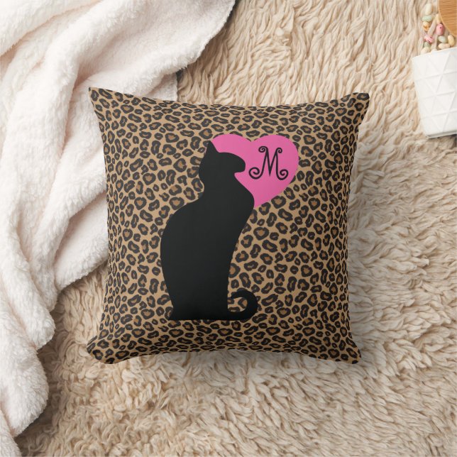 Black Cat Leopard Monogram Throw Pillow (Blanket)