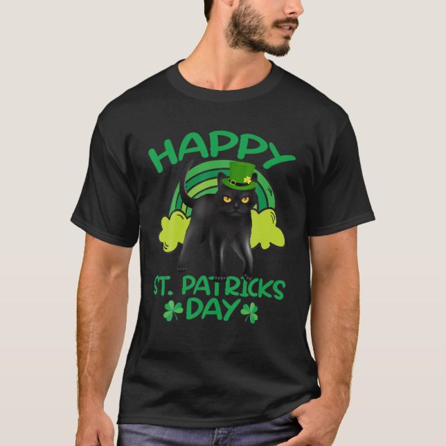 Black Cat Leprechaun Shamrock St Patrick's Day Cat T-Shirt (Front)