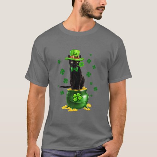 Black Cat Leprechauns Hat Cat Gold Pot St Patrick T_Shirt