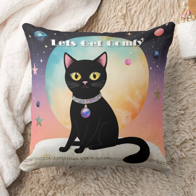 Black Cat - Lets Get Comfy Throw Pillow (Blanket)