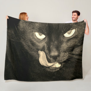Black Cat Licking Fleece Blanket