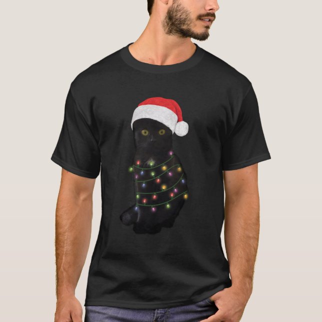 Black Cat Light Funny Cat Lover For Christmas T-Shirt (Front)