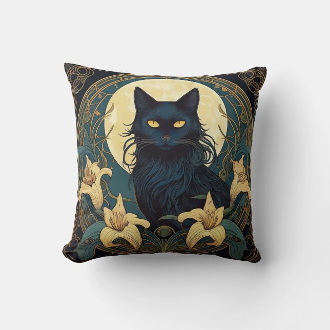 Black Cat Lillies Throw Pillow (Front)