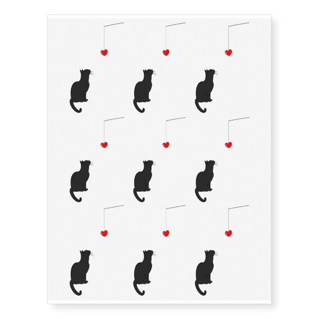 Black Cat Looking At Pendant Heart Temporary Tattoos (Front)