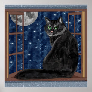 Black Cat Looking at the Moon and Stars Poster