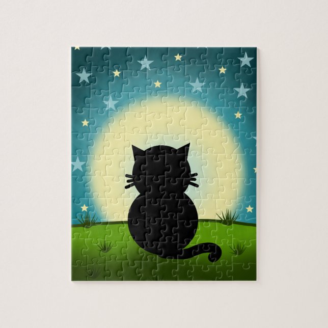 Black Cat Looking At The Moon Jigsaw Puzzle (Vertical)