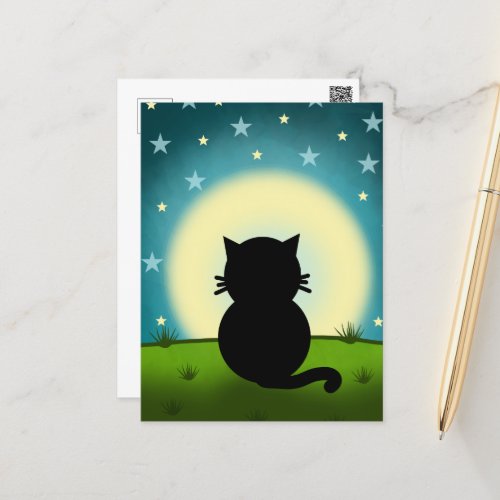 Black Cat Looking At The Moon Postcard