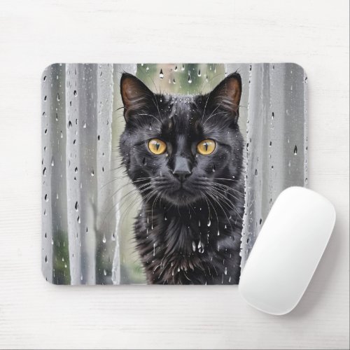 Black Cat Looking Out of Wet Window Mouse Pad