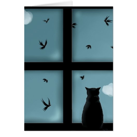 Black Cat Looking Out Window At Heaven Cards (Front)