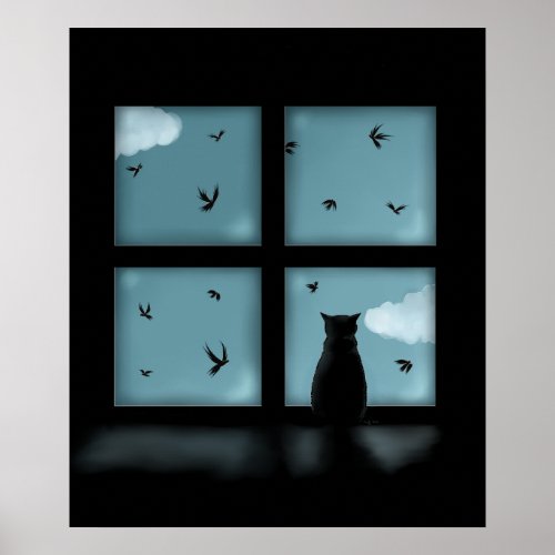 Black Cat Looking Out Window At Heaven Poster