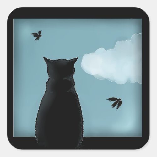 Black Cat Looking Out Window At Heaven Square Sticker