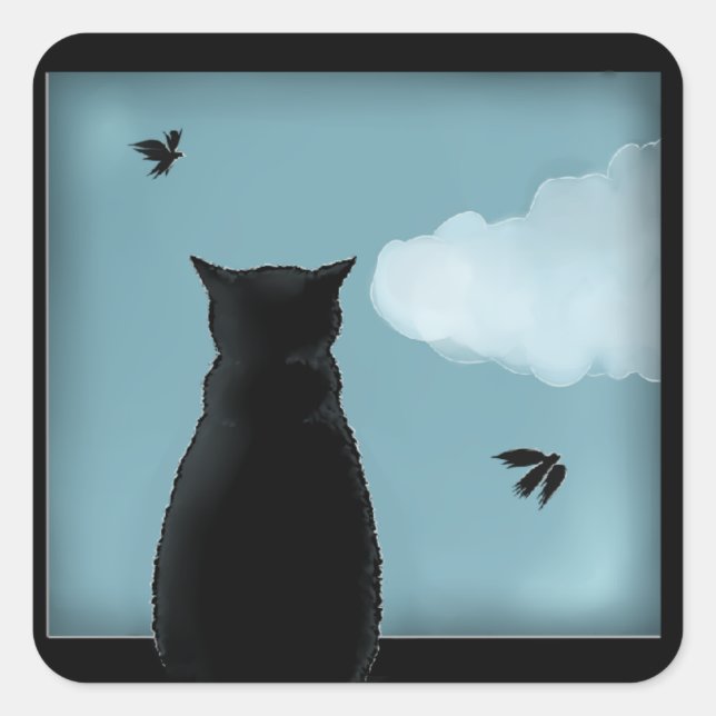 Black Cat Looking Out Window At Heaven Square Sticker (Front)