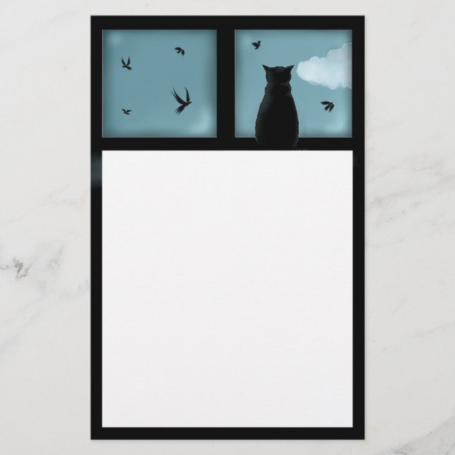 Black Cat Looking Out Window At Heaven Stationery (Front)