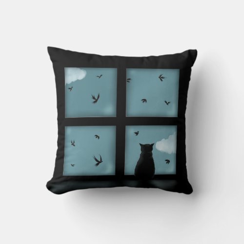Black Cat Looking Out Window At Heaven Throw Pillow