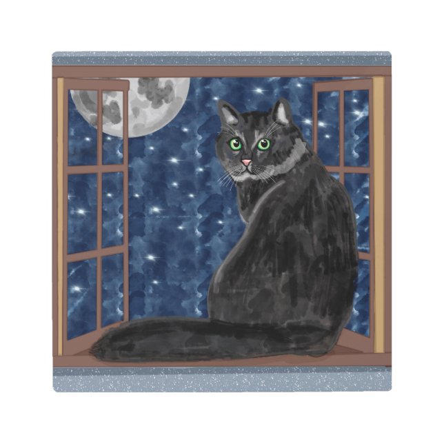 Black Cat Looking out Window at Stars and Moon Metal Print (Front)