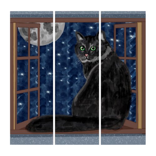 Black Cat Looking out Window at Stars and Moon   Triptych