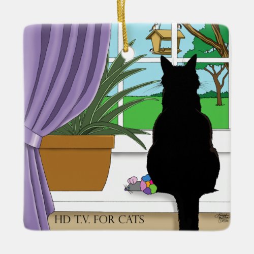 Black Cat Looking Out Window Ceramic Ornament