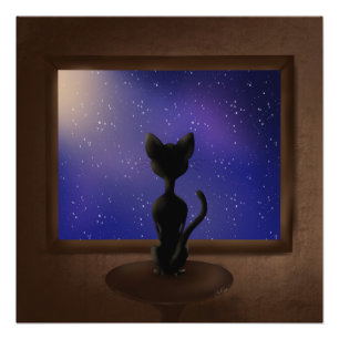 Black Cat looking out window night sky stars Photo Print