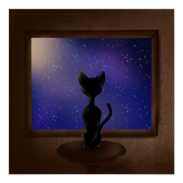 Black Cat looking out window night sky stars  Poster (Front)