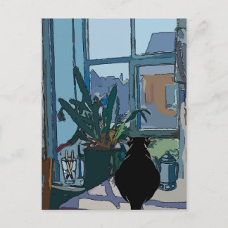 Black Cat looking out window, Postcard