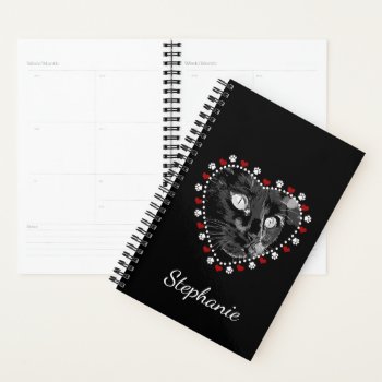 Black Cat Love And Paw Prints Art Day Planner by xgdesignsnyc at Zazzle