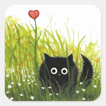 Black Cat Love Heart By Bihrle Square Sticker by AmyLynBihrle at Zazzle