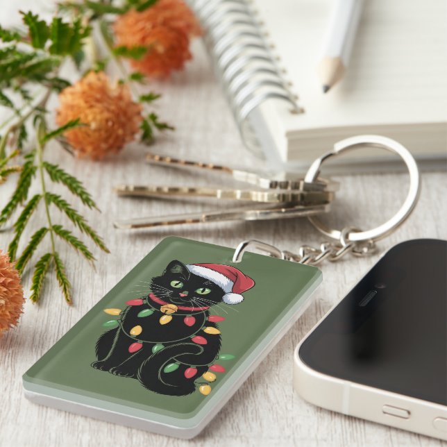 Black Cat Lover Christmas Kitten Gift Cat Mom Xmas Keychain (Front Right)