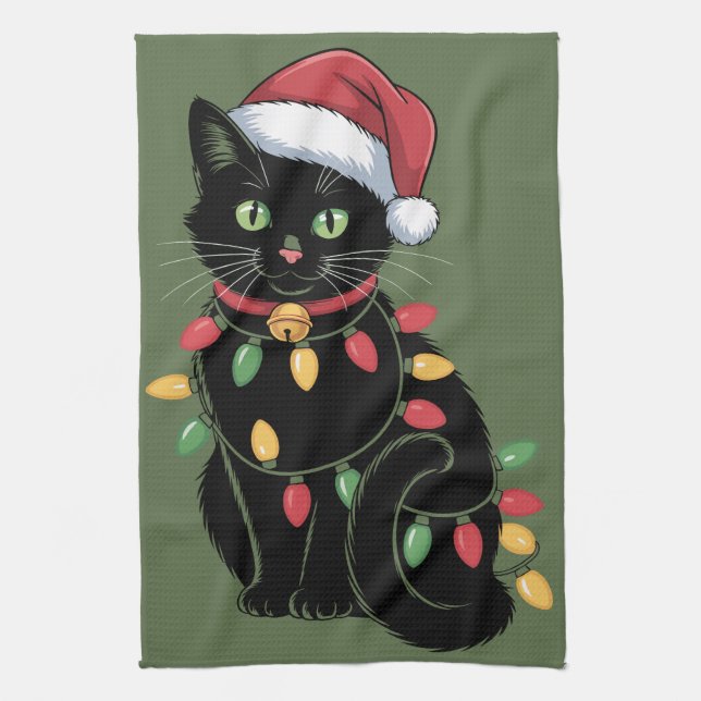 Black Cat Lover Christmas Kitten Gift Cat Mom Xmas Kitchen Towel (Vertical)