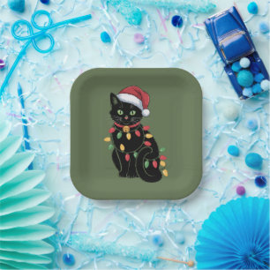 Black Cat Lover Christmas Kitten Gift Cat Mom Xmas Paper Plates