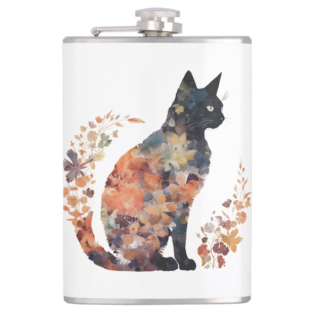 Black Cat Lover Costume Floral Flower Scary Hallow Flask (Front)