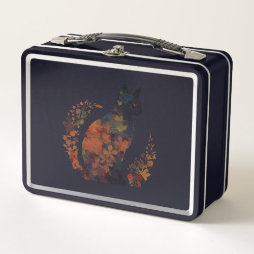 Black Cat Lover Costume Floral Flower Scary Hallow Metal Lunch Box