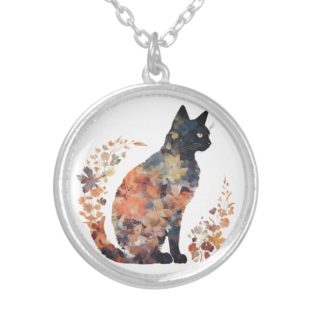 Black Cat Lover Costume Floral Flower Scary Hallow Silver Plated Necklace (Front)