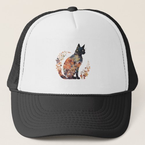 Black Cat Lover Costume Floral Flower Scary Hallow Trucker Hat