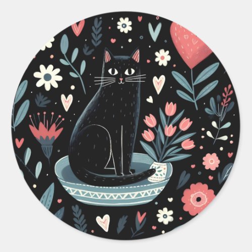 Black cat lover flowers botanical art classic round sticker