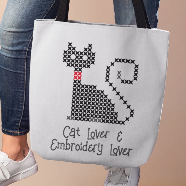 Black cat lover tote bag (Cat Lover & Embroidery Lover tote bag)