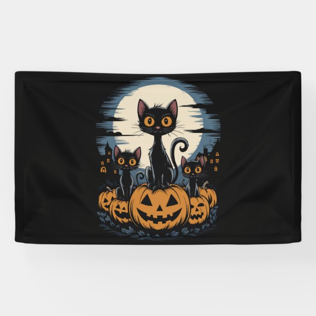 Black Cat Lovers Halloween Starry Night Van Gogh Banner (Horizontal)