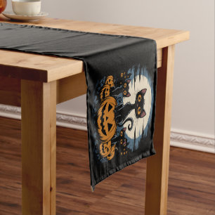 Black Cat Lovers Halloween Starry Night Van Gogh Short Table Runner