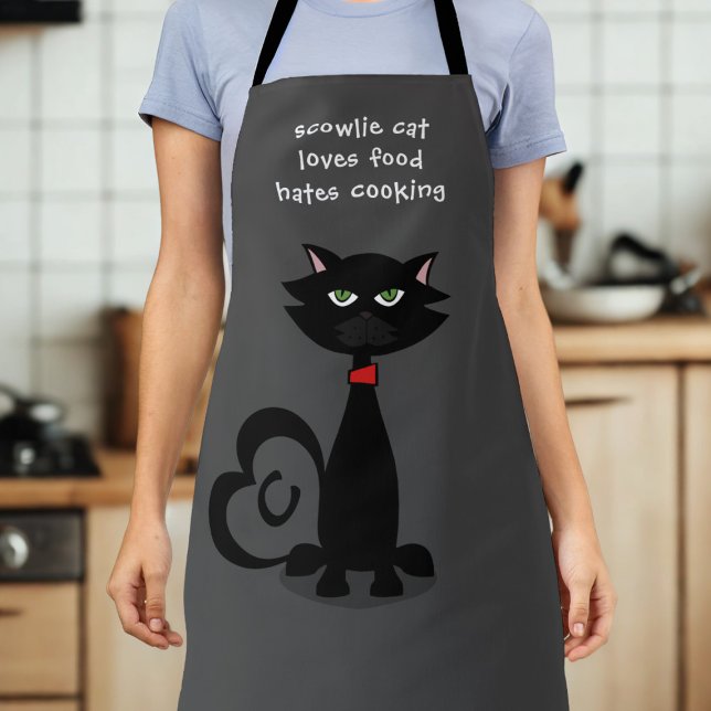 Black Cat Loves Food Funny Custom Kitchen Apron (Love food but hate cooking and have a black cat? This is the apron just for you. Add your initial!)
