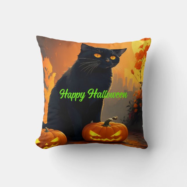 BLACK Cat Magick Halloween Cat Throw Pillow (Front)
