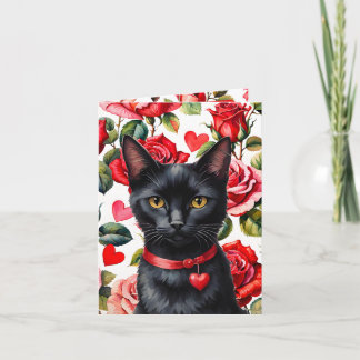 Black Cat Maximalist Roses & Hearts Pun Valentine Card