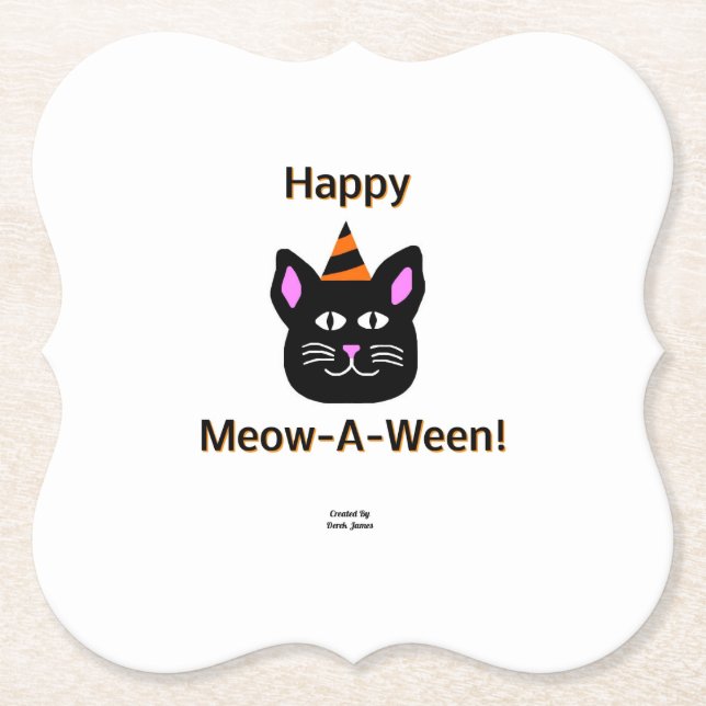 Black Cat Meow-A-Ween Bracket Paper Coaster (Front)