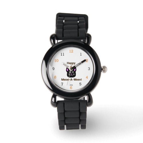 Black Cat Meow_A_Ween Kids Silver Glitter Watch