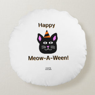 Black Cat Meow-A-Ween Round Throw Pillow